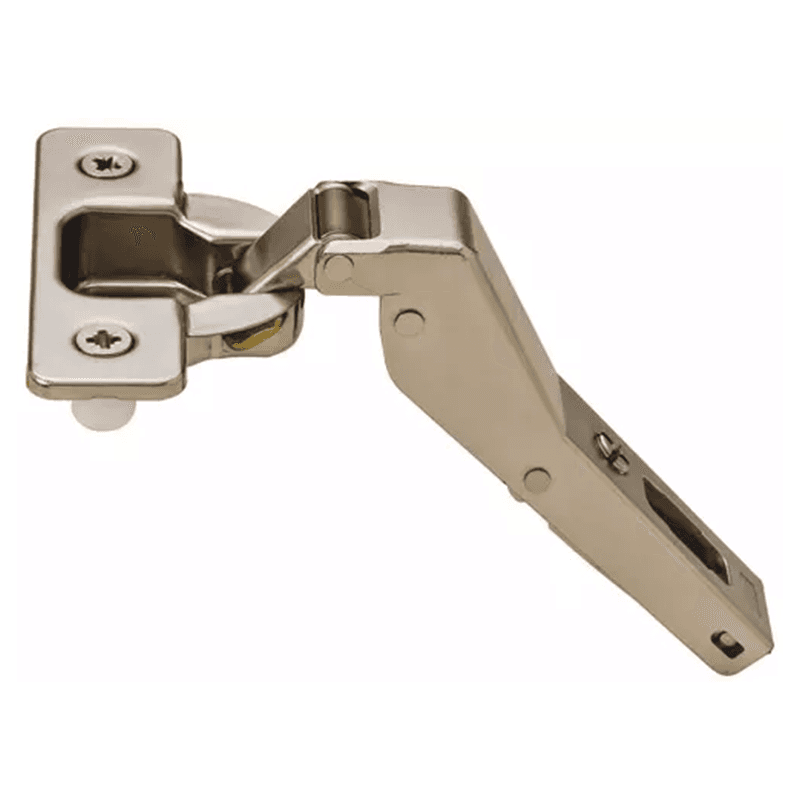 Series 200 +30° Angle Corner 94° Opening Hinge, Self-Closing, Overlay, Nickel-Plated, Dowelled