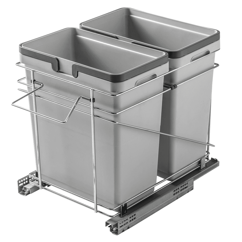 Double 32 QT Bottom-Mount Waste Container Pullout with Adjustable Bracket, Silver
