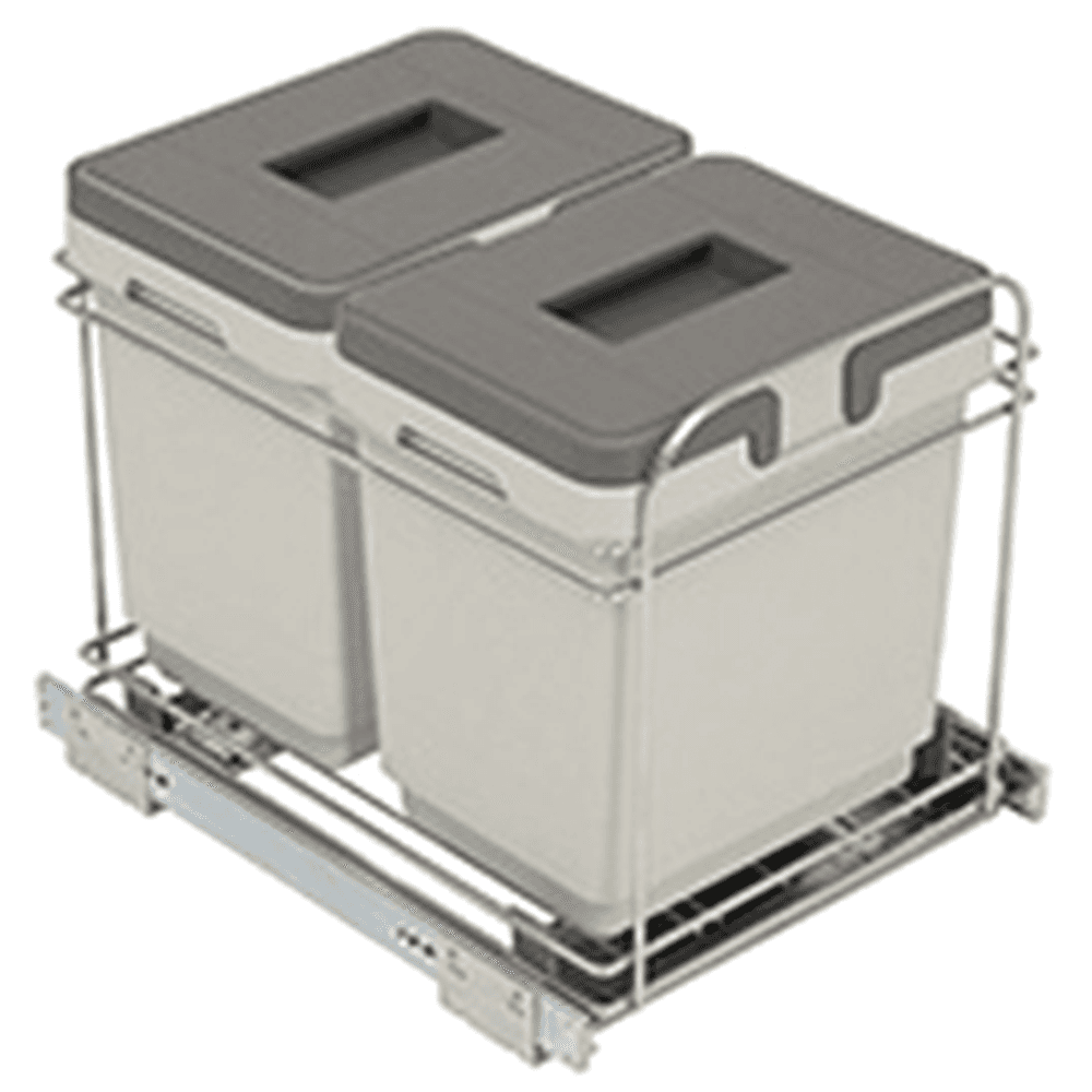 Double 16 QT Bottom-Mount Waste Container Pullout with Lid/Handle for 12" Cabinet Opening, Gray