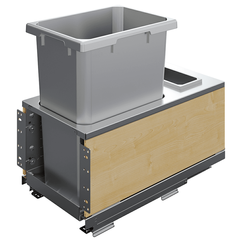 Single 50 Qt Bottom-Mount Planero Waste Container Pullout with Soft-Closing and Maple Side Panel, Platinum