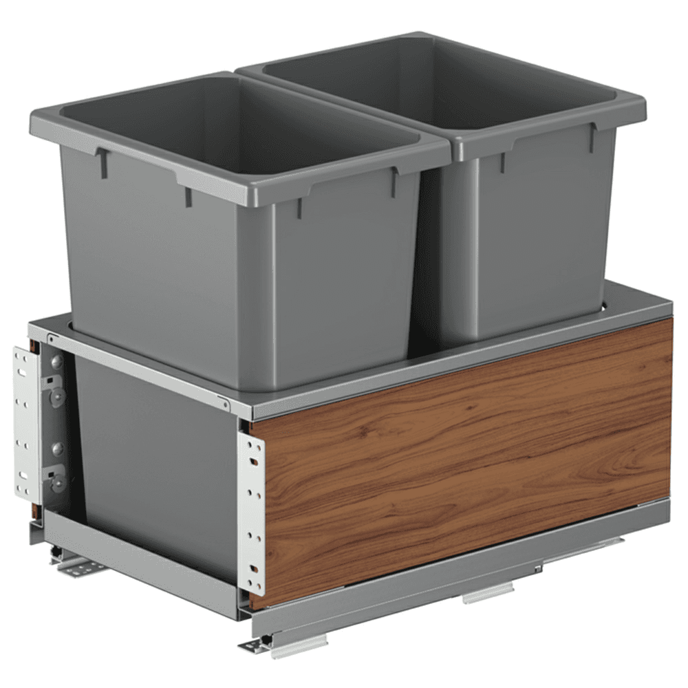 Double 35 QT Bottom-Mount Planero Waste Container Pullout with Soft-Closing and Walnut Side Panel, Gray