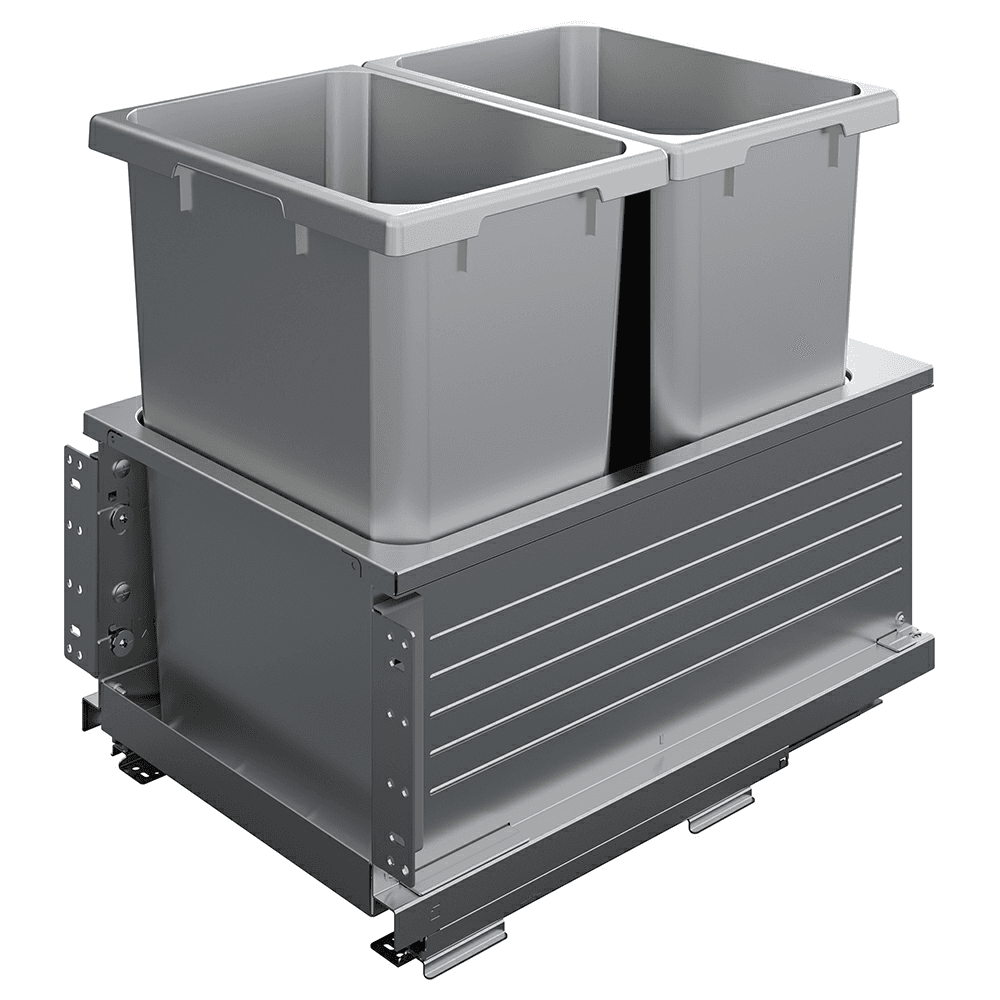 Double 50 Qt Bottom-Mount Planero Platinum Line Waste Container Pullout with Soft-Closing, Platinum
