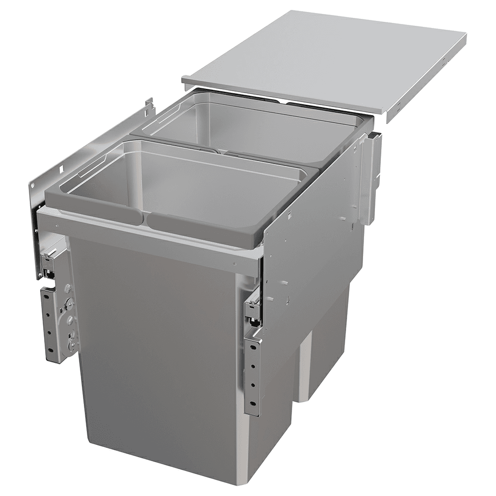Double 31 QT Top Mount Waste Container Pullout with 1-1/2" Face Frame for 15" Cabinet Opening, Platinum
