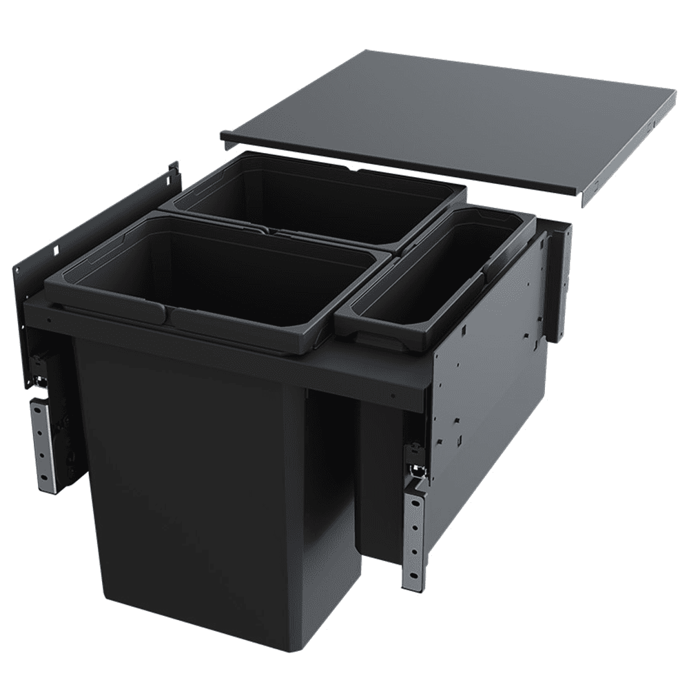 Triple Bin 31 QT Double and 10 QT Single Top-Mount Waste Container Pullout with Soft-Closing for 1-1/2" Face Frame, Gray, 19-3/64" Height