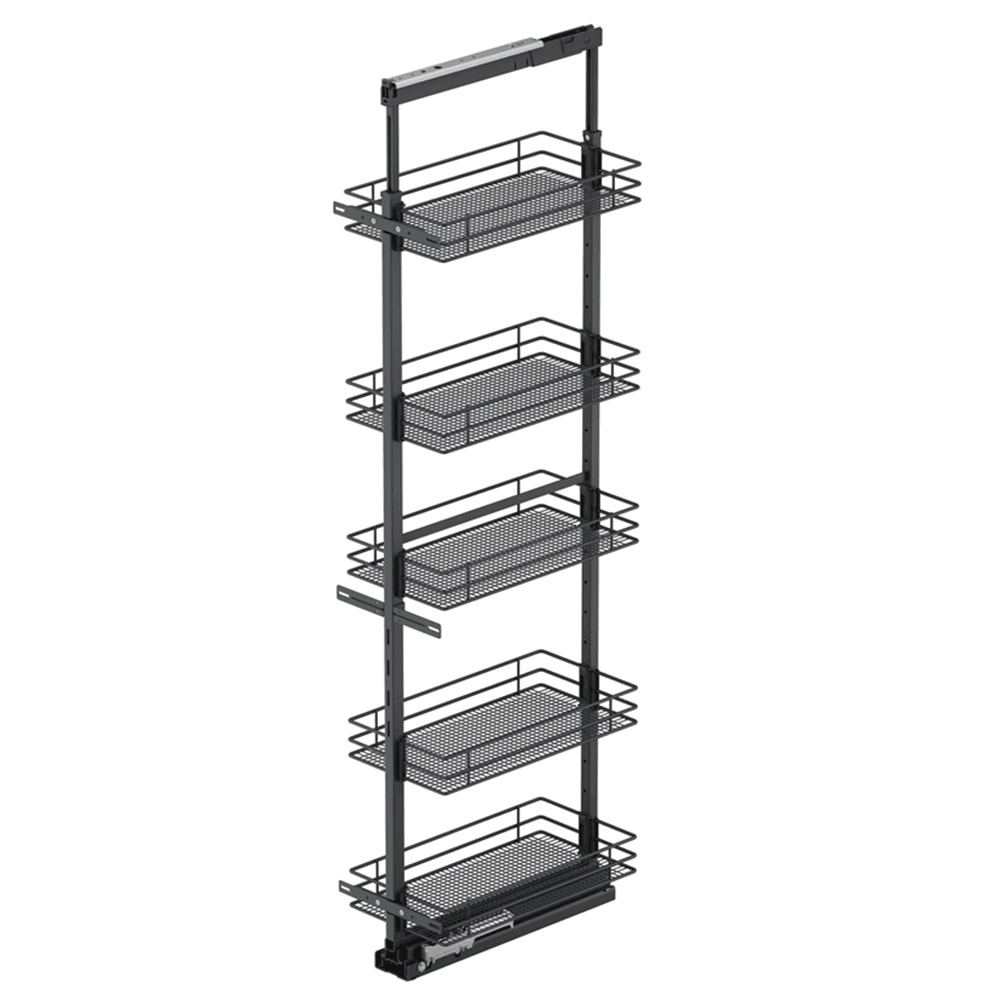 8.5" x 76.75" 5-Shelf Saphir Wire Pullout Pantry with PAM and Soft-Closing, Carbon Steel Gray