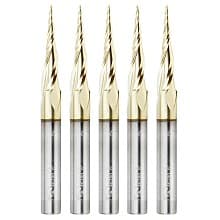 1/32" x 3" CNC 2D/3D Carving Tapered Ball Tip Up-Cut ZrN Coated Spiral Router Bit, 3-Flute, 1/4" Shank (5 Pack)