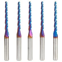 1/8" x 3" 5-Piece CNC 2D/3D Carving 1° Tapered Angle Ball Up-Cut Spektra Extreme Tool Life Coated Spiral Router Bit, 3-Flute, 1/4" Shank