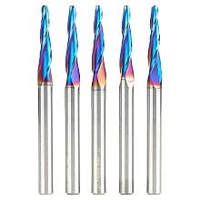 1/8" x 3" CNC 2D/3D Carving Tapered Ball Tip Up-Cut Spektra Spiral Router Bit, 3-Flute, 1/4" Shank (5 Pack)