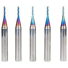 1/16" x 2" 5-Piece CNC 2D/3D Carving 0.10° Flat Bottom Up-Cut Spektra Extreme Tool Life Coated Spiral Router Bit, 3-Flute, 1/4" Shank