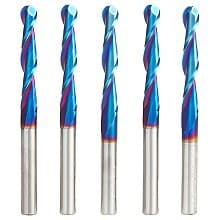 1/4" x 3" 5-Piece CNC 2D/3D Carving 0.10° Straight Angle Ball Spektra Extreme Tool Life Coated Spiral Router Bit, 2-Flute, 1/4" Shank