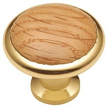 1-5/16" Woodgrain Round Cabinet Knob, Polished Brass/Oak