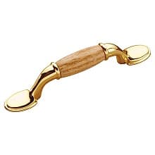 3" Woodgrain Cabinet pull, Polished Brass/Oak