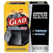 Glad ForceFlexPlus 30 Gallon Drawstring Large Trash Bag, Black (70/Box)