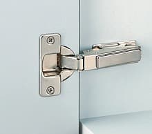 Nexis 95° Opening Thick Door Hinge, 48mm Bore Pattern, Self-Closing, Full Overlay, Nickel-Plated, Dowelled