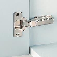 Nexis 95° Opening Thick Door Hinge, 48mm Bore Pattern, Free-Swinging, Half Overlay, Nickel-Plated, Screw-On