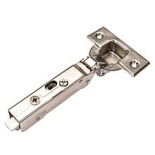 Tiomos +30° Angled Corner 110° Opening Hinge, 45mm Boring Pattern, Self-Closing, Overlay, Nickel-Plated, Screw-On