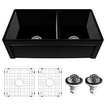 Fireclay Double Bowl Panel Front Farmhouse Kitchen Sink Kit with Reversible Apron Front, 33" x 18" x 10"