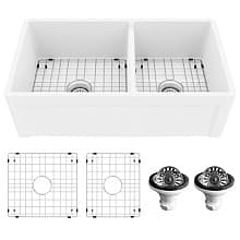 Fireclay Double Bowl Panel Front Farmhouse Kitchen Sink Kit with Reversible Apron Front, 33" x 18" x 10"