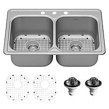 Profile Stainless Steel Top Mount 18G Double Equal Bowl Kitchen Sink Kit, 33" x 22" x 7-1/2