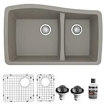 QU-721 Quartz Undermount Large/Small Bowl Kitchen Sink Kit, 33-1/2" x 20-5/8" x 9"