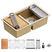 Quartz Undermount Double Equal 50/50 Bowl Workstation Kitchen Sink Kit, 32-1/2" x 19-1/4" x 9"