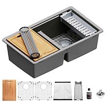Quartz Undermount Double Equal 50/50 Bowl Workstation Kitchen Sink Kit, 32-1/2" x 19-1/4" x 9"