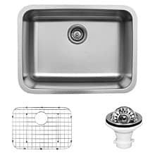 U Series Stainless Steel Undermount 18G Single Bowl Kitchen Sink Kit, 24-1/8" x 18-1/8" x 9"