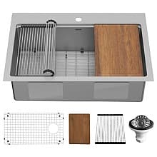 Elite Stainless Steel Top-Mount Single Bowl Workstation Kitchen Sink Kit with Right Drain, 33" x 22" x 10"