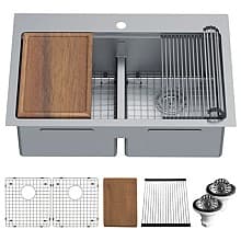 Elite Stainless Steel Top-Mount 16G Double Bowl Workstation Kitchen Sink Kit, 33" x 22" x 10"