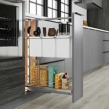 4-1/2&quot; DISPENSA Base Pull-Out Knife Block/Arena Plus Shelf with Soft-Close, Chrome/Maple, 24&quot; - 32&quot; Height
