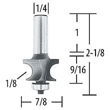 7/8" x 1/8" Radius Corner Bead Router Bit, 2 Flute, 1/4" Shank