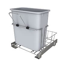 Single 20 QT Bottom-Mount Waste Container Pullout w/Rear Basket Storage, for 18" Base Cabinets, Gray