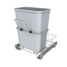 Single 32 QT Bottom-Mount Waste Container Pullout w/Rear Basket Storage, for 18" Base Cabinets, Gray