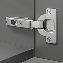 Series F 94° Opening Thick Door Hinge, 52mm Bore Pattern, Free-Swinging, Half Overlay, Nickel-Plated, Screw-On