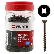 Wurth Flat Head Assembly Screws, Square/Phillips Drive Turbo Thread with Nibs and Regular Point