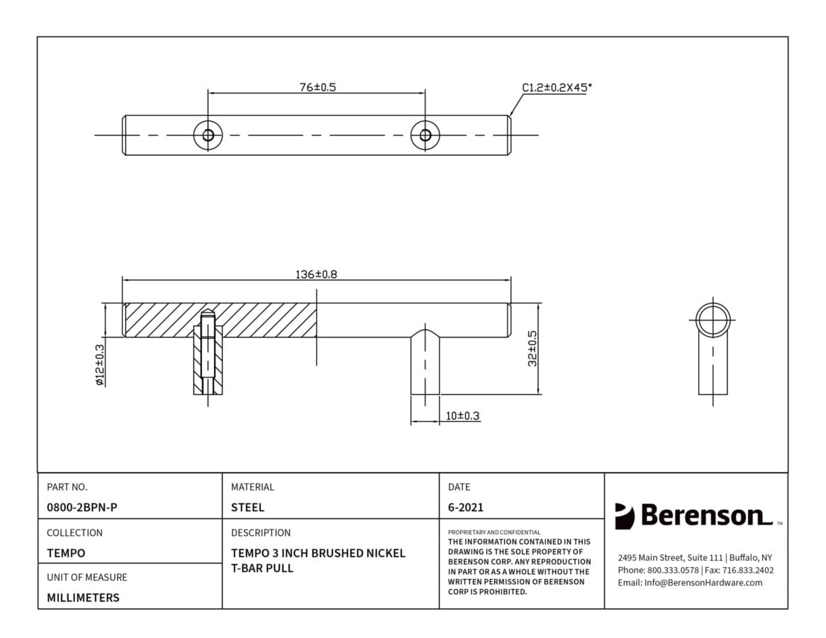 Berenson Tempo 3" (76 mm) Center to Center Brushed Nickel Pull, 0800-2BPN-P