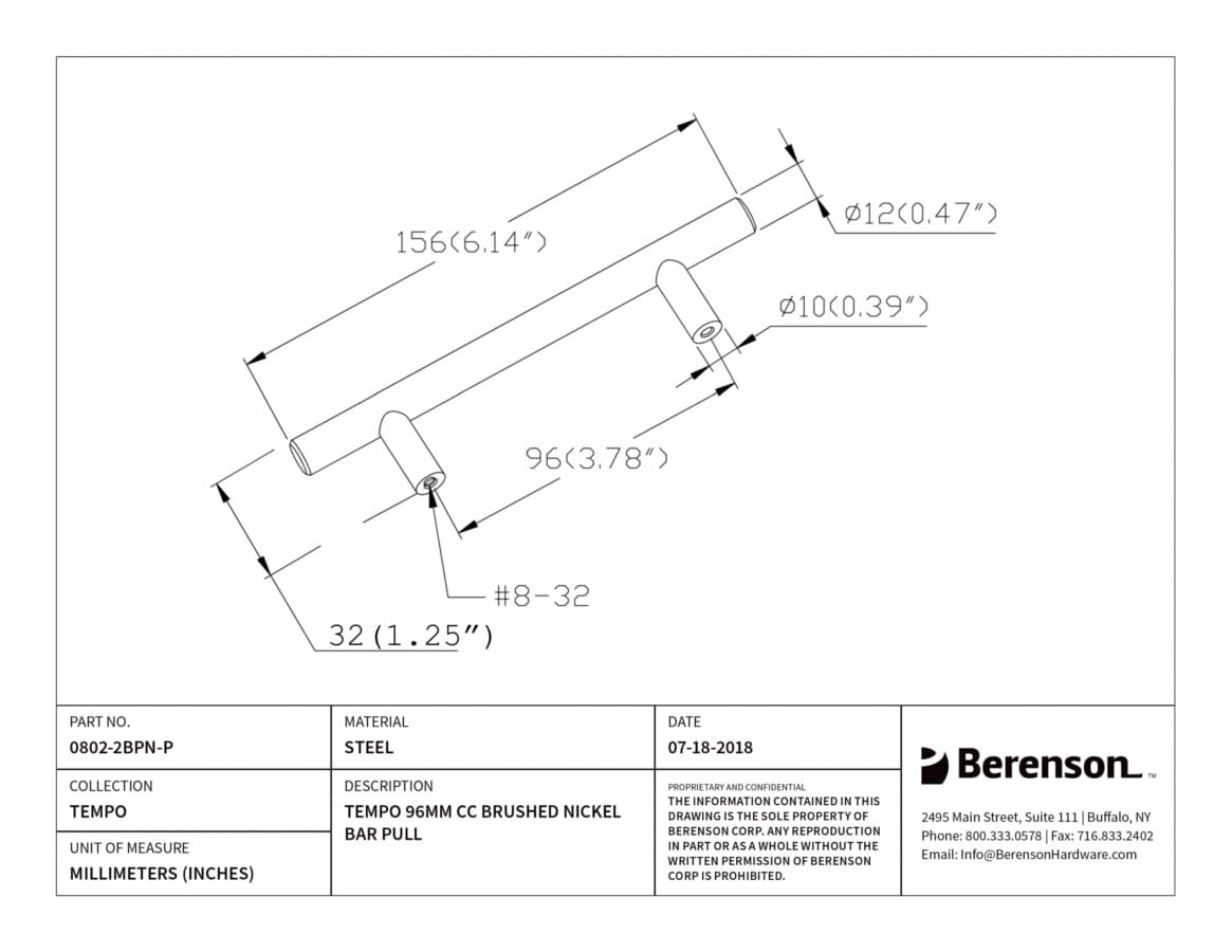 Berenson Tempo 3-3/4" (96 mm) Center to Center Brushed Nickel Pull, 0802-2BPN-P