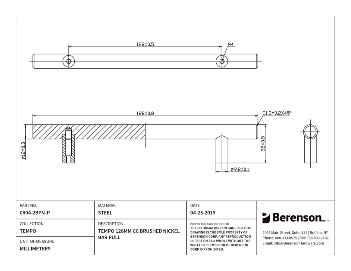 Berenson Tempo 5-1/16" (128 mm) Center to Center Brushed Nickel Pull, 0804-2BPN-P