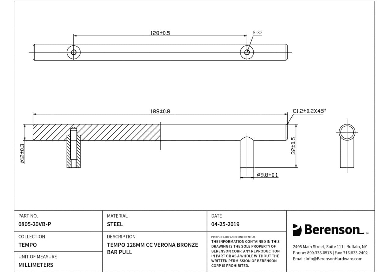 Berenson Tempo 5-1/16" (128 mm) Center to Center Verona Bronze Pull, 0805-20VB-P