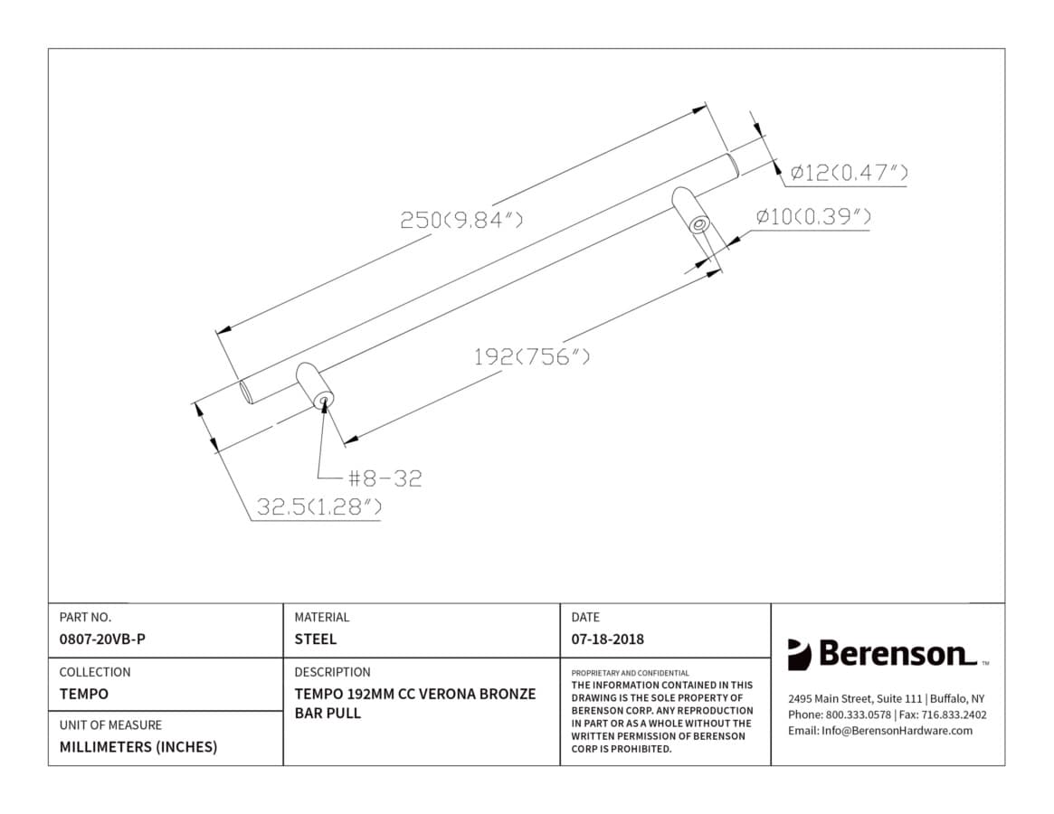 Berenson Tempo 7-9/16" (192 mm) Center to Center Verona Bronze Pull, 0807-20VB-P