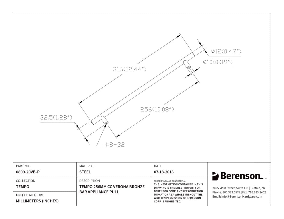 Berenson Tempo 10-1/16" (256 mm) Center to Center Verona Bronze Pull, 0809-20VB-P