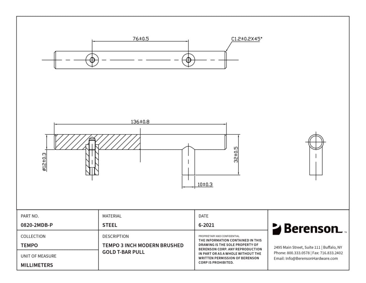 Berenson Tempo 3" (76 mm) Center to Center Modern Brushed Gold Pull, 0820-2MDB-P