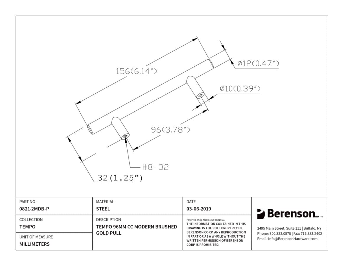 Berenson Tempo 3-3/4" (95 mm) Center to Center Modern Brushed Gold Pull, 0821-2MDB-P