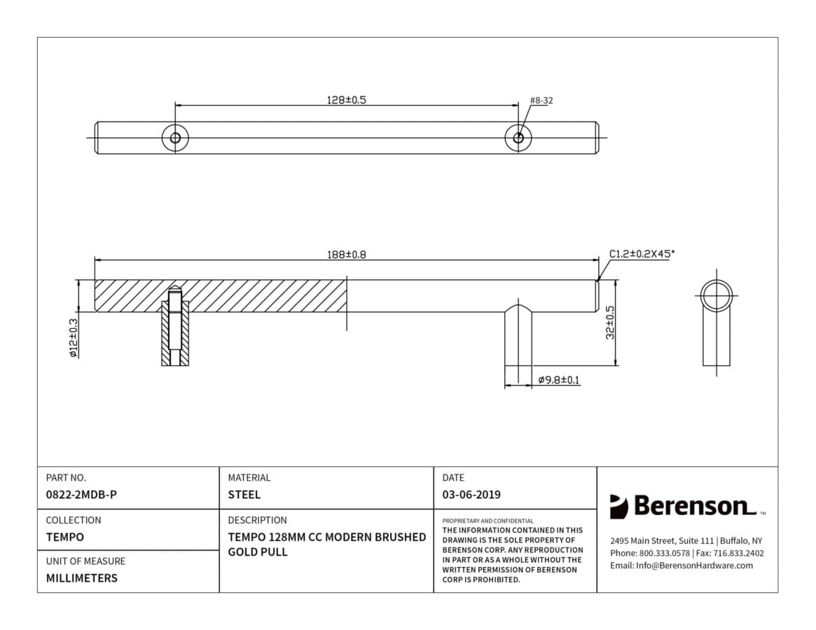 Berenson Tempo 5-1/16" (128 mm) Center to Center Modern Brushed Gold Pull, 0822-2MDB-P