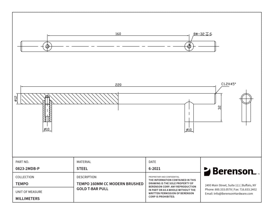 Berenson Tempo 6-5/16" (160 mm) Center to Center Modern Brushed Gold Pull, 0823-2MDB-P