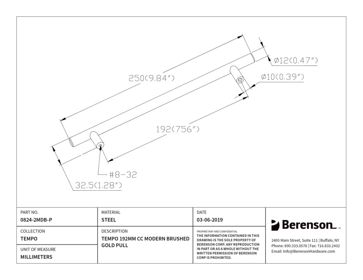 Berenson Tempo 7-9/16" (192 mm) Center to Center Modern Brushed Gold Pull, 0824-2MDB-P