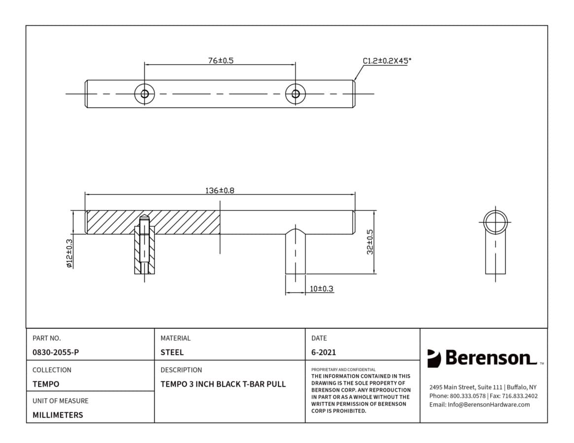 Berenson Tempo 3" (76 mm) Center to Center Black Pull, 0830-2055-P