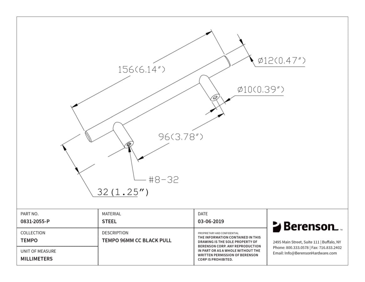 Berenson Tempo 3-3/4" (95 mm) Center to Center Black Pull, 0831-2055-P