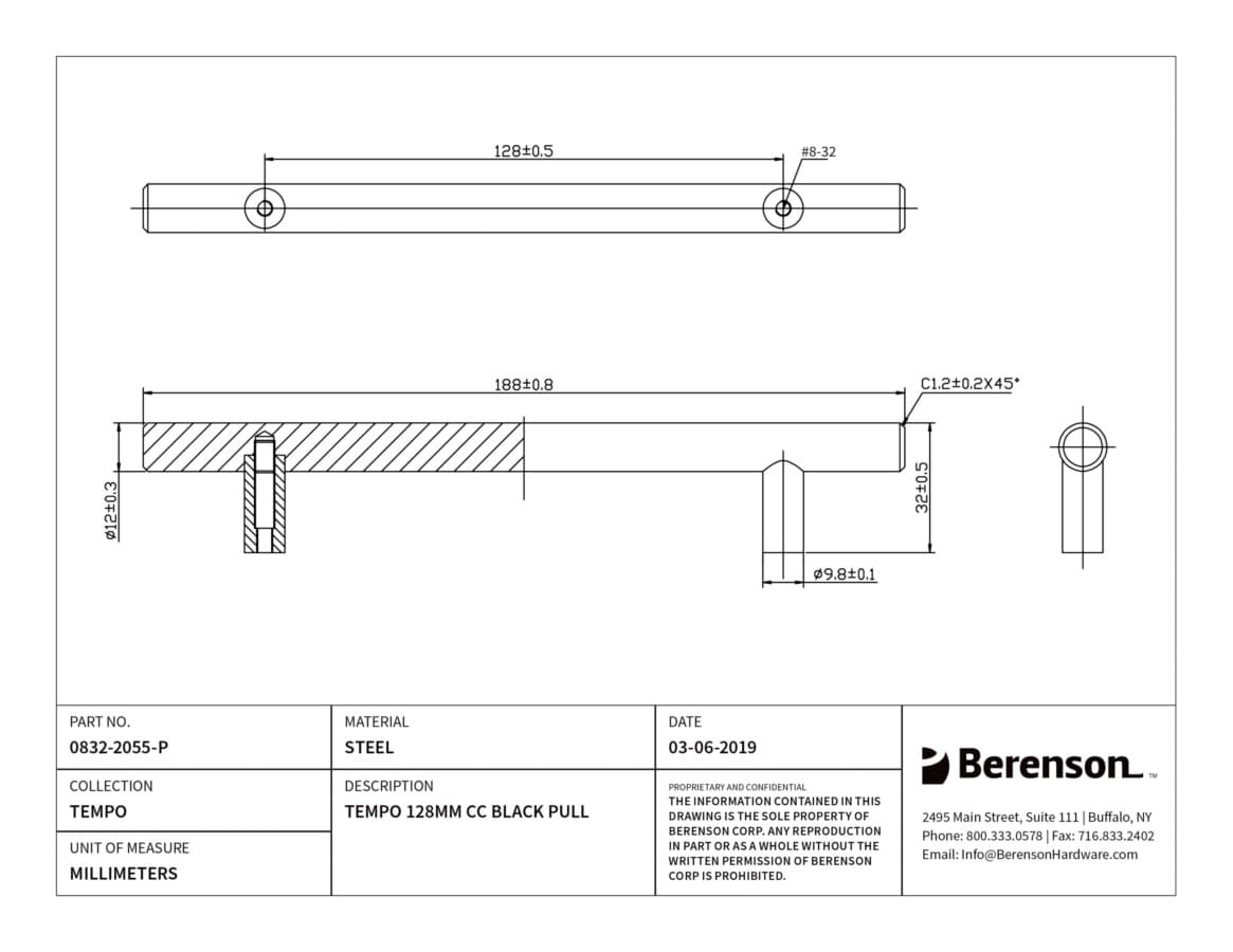 Berenson Tempo 5-1/16" (128 mm) Center to Center Black Pull, 0832-2055-P