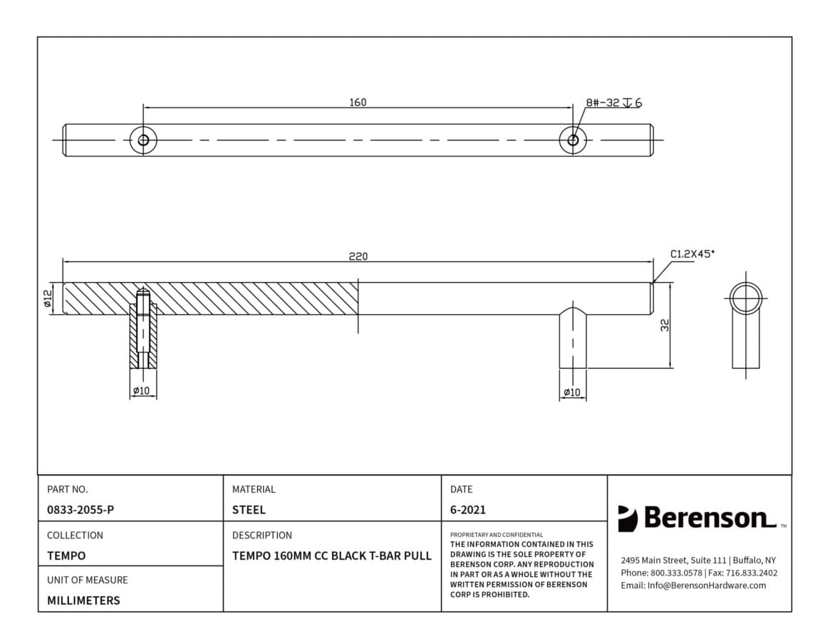 Berenson Tempo 6-5/16" (160 mm) Center to Center Black Pull, 0833-2055-P